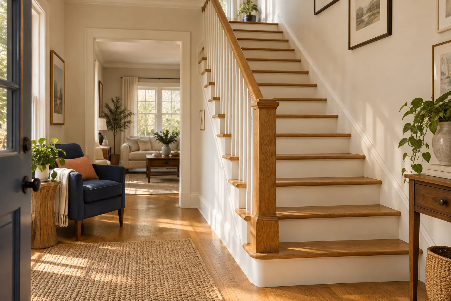 Illustrative sunlit staircase in a warm home